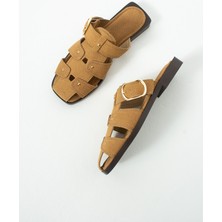 Duxal Shoes Lena Kadın Süet Gold Tokalı Kafes Tasarım Küt Burun Terlik