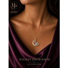 Up Atelier 925 Ayar Gümüş Zirkon Taşlı Gold Renk Yarım Ay Kar Taneli Model