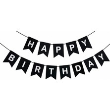 Borapack Happy Birthday Banner  Siyah Gümüş Yazı