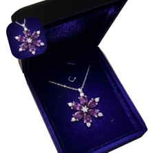 Pigna Aksesuar Premium Işıklı Kutuda 925 Ayar Gümüş Mor Taşlı Lotus Çiçeği Çelik Kolye - Hediye Paketli