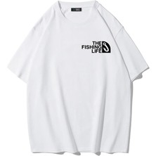 Brz Collection Unisex Oversize The Fishing Life T-Shirt (Beyaz)