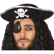 Pandoli Siyah Korsan Parti Şapkası Yetişkin Boy Gümüş Şeritli Halloween