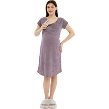 Luvmabelly MYRA9585 Yandan Çıt Çıtlı Hamile Geceliği - Mor Çizgili