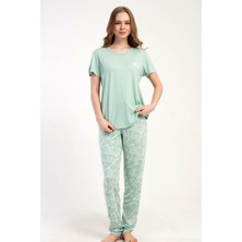 Kezokino Kadın Kısa Kollu Yeşil Pijama Takımı Rahat Kesim Yazlık Ev Giyimi C7T1N2215