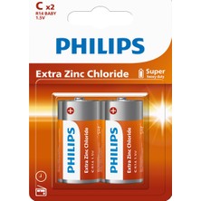 Philips C Boy Orta Boy Pil R14 1.5V Extra Zinc Chloride R14L2B/10 2'li Paket
