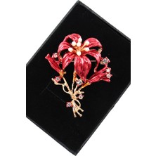 Keeba Tutkunun ve Aşkın Simgesi Kırmızı Zambak Broş. Gold Taşlı Lüks Çiçekli Kadın Yaka Iğnesi Çiçek Broş.