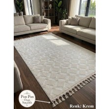 NarStore Home Krem Kaymaz Taban Pon Pon Saçaklı Yıkanabilir Salon Halısı Mutfak Halısı Yolluk