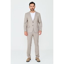 White Stone Bej Çizgili Sivri Yaka 6 Drop Regular Fit Günlük Takım Elbise