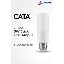 Cata CT-4091 8W LED Stick Tüp Ampul E27 Kalın Duy 6400K Beyaz Işık 800 Lm (Dar Avizelere Uygun)
