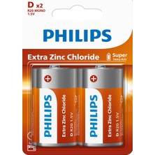 Philips D Boy Büyük Boy Pil R20 1.5V Extra Zinc Chloride R20L2B/10 2'li Paket