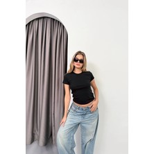 Vadon 1003 Kadın Pamuklu Slim Fit Bisiklet Yaka Yumuşak Dokulu Basic T-Shirt Siyah