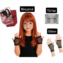 Bemora Kids Manifest Mina Aksesuar Seti Manifest Mina Peruk Saç + Yüz Taşı + Siyah File Eldiven Parti Konser Doğum Günü