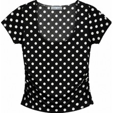 Vadon 1004 Kadın Pamuklu Kare Yaka Puantiyeli Yan Büzgü Detaylı Crop T-Shirt Bluz Siyah