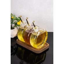 Dolkin Home 3lü 500 ml Yağdanlık Ahşap Stantlı Gold Kapak Yuvarlak Cam Yağlık Etiketli Zeytinyağı Ayçiçek Yağı