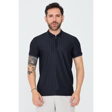 White Stone Lacivert Çizgili Fermuarlı Erkek Polo Yaka Tişört