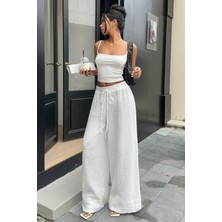 Tarz Cool Kadın Müslin Yüksek Bel Bol Paça Beli Lastikli Pantolon