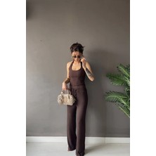 Vadon 1010 Kadın Bürümcük Dokulu Halter Yaka Crop Atlet Bol Paça Pantolon Takım Kahverengi