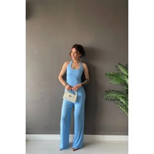 Vadon 1010 Kadın Bürümcük Dokulu Halter Yaka Crop Atlet Bol Paça Pantolon Takım Bebe Mavi