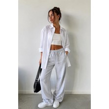 Vadon 1011 Kadın Pamuklu Oversize Gömlek Yaka Düğmeli Uzun Kollu Basic Gömlek Beyaz