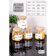 Dolkin Home 20 Çeşit Etiketli 4'lü 500 ml Bambu Kapaklı Kuruyemişlik Çerezlik Kavanozu Kuruyemiş Kavanozu