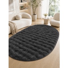 Saraz Halı Oval Bubble Ultra Soft Puffy Kaymaz Taban Peluş Tavşan Tüyü Halı Antrasit