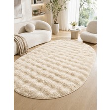 Saraz Halı Oval Bubble Ultra Soft Puffy Kaymaz Taban Peluş Tavşan Tüyü Halı Bej