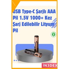 İn3dex USB Type-C Şarjlı Aaa Lityum Pil 1.5V 1000+ Şarj Döngüsü