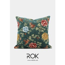 Rokfab Çiçek Desenli Yeşil Kırlent Kılıfı 45X45 cm Dekoratif Yastık Kılıfı