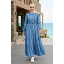 Harma Time Butik Kadın Düğmeli Fırfırlı Detaylı Açık Mavi Kot  Elbise