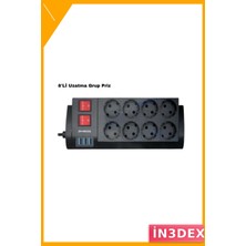 İn3dex 8'li Priz 4000W 3 USB Şarjlı Uzatma Kablosu 2m
