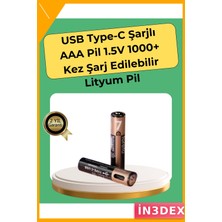İn3dex Aaa USB Şarjlı Lityum Pil 1.5V Type-C Girişli Tekrar Kullanılabilir