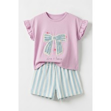 Joy Kids Kız Bebek %100 Pamuk Süzene Nakışlı Günlük Takım (6-24AY) (Lila-Mavi)
