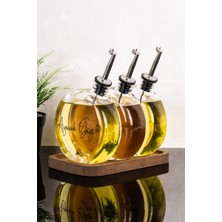 Dolkin Home 3lü 500 ml Yağdanlık Ahşap Stantlı Gümüş Kapak Yuvarlak Cam Yağlık Etiketli Zeytinyağı Ayçiçek Yağı