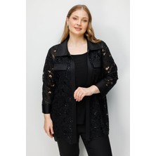 Moda İlgi Moda Ilgi Kadın Büyük Beden Cep Kapaklı Pullu Çiçek Güpürden Ikili Takım Tunik 0378 Siyah