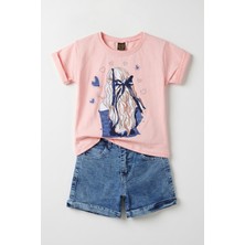 Joy Kids Kız Çocuk Kot Şortlu Taşlı Takım (3-10YAŞ) (Pembe)