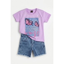 Joy Kids Kız Çocuk Kot Şortlu Günlük Trend Takım (3-10YAŞ) (Lila)