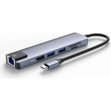 6 Port USB Hub 3.0 Type C Giriş Ethernet/hdmı Dönüştürücü Çoklayıcı Çoğaltıcı (Gri)
