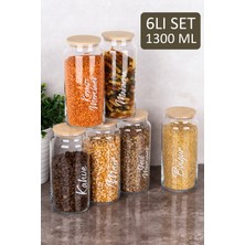 Dolkin Home 6lı 1300 ml Erzak Seti Bambu Vakum Kapaklı Şeffaf Etiketli Cam Kavanoz Bakliyat Seti