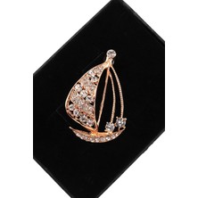 Keeba Özgürlüğün Rotası Yelkenli Broş Kristal Taşlı Gold Renkli Unisex Erkek Kadın Yaka Iğnesi Gemi