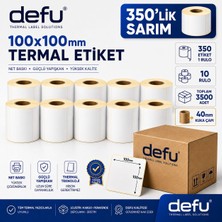 Defu 100X100 mm Termal Etiket 10 Rulo (3500 Adet) – 40 mm Kuka – Güçlü Yapışkanlı Barkod/koli Etiketi