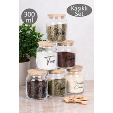 Dolkin Home 6’lı Bambu Kapaklı Cam Baharatlık Seti Vakum Kapaklı Kaşıklı Şeffaf Etiketli Baharatlık Çeyizlik Set