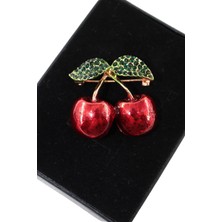 Keeba Aşkın Ikiz Damlası Kiraz Broş Gold Dallı Kristal Yeşil Yapraklı Unisex Erkek Kadın Yaka Iğnesi Broş
