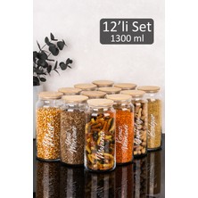 Dolkin Home 12LI 1300 ml Erzak Seti Bambu Vakum Kapaklı Şeffaf Etiketli Cam Kavanoz Bakliyat Seti