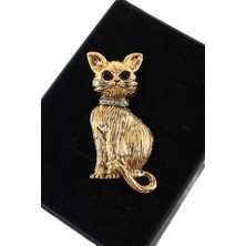 Keeba Göz Kamaştıran Gold Renkli Kedi Broş Uniseks Erkek Kadın Taşlı Kedili Yaka Iğnesi Broş.
