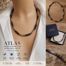 Sinem Şanlı Atelier Atlas Ahşap Boncuklu Mavi Cam Detaylı Uniseks Kolye 50+5 cm Kutulu Hediyelik