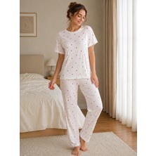 Esra Butik Kadın Milan Kumaş Kısa Kollu Pijama Takımı – Beyaz/krem Desenli