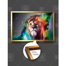 SML Tablo Rengarenk Aslan Vahşi Hayvan Dijital Sanat Dekor Yatay Çerçeveli Kanvas Tablo