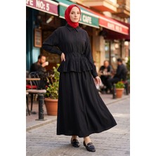Modestim Kadın Siyah Gömlek Yaka Etek Ucu Büzgülü Tunik Etekli Kombin Çilek Kumaş Yazlık Ince Tesettür Takım