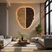 Zesiba Atelier LED Işıklı Bohem Ikili Ahşap Duvar Mask 3D Tasarım 80X50 Cm, Ev, Ofis,kafe Duvar Dekorasyonu