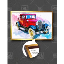 SML Tablo Eski Model Vintage Kırmızı Araba Ilüstrasyon Çizim Yatay Çerçeveli Kanvas Tablo